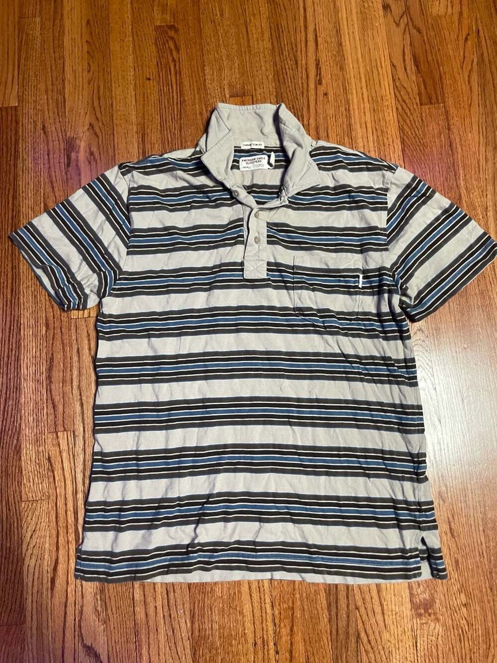 American Eagle Outfitters Striped Polo Size M Gray Cotton Pocket Short Sleeve